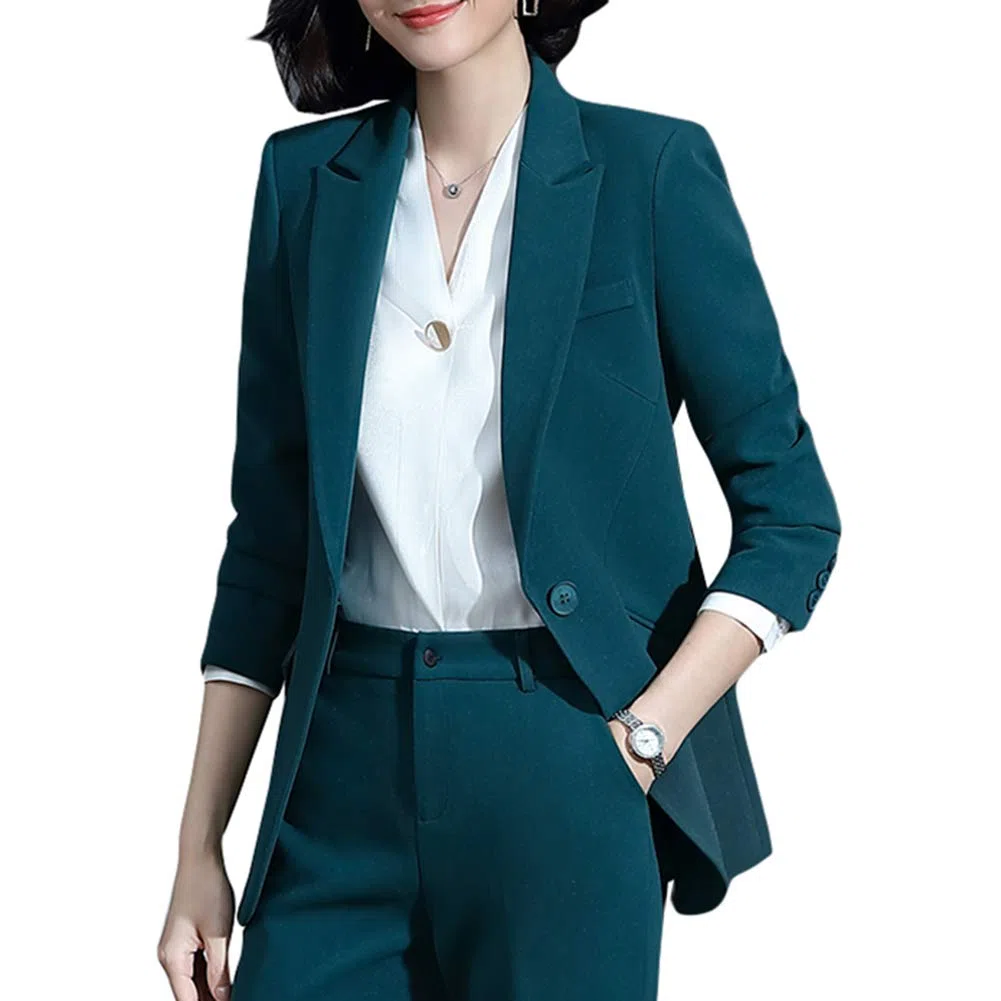 YFFUSHI Tailleur Femme 2 Pièces Elegant Veste Formel Slim Fit Blazer Bureau Travail Pantalon Costumes Revers Manteau Ensemble de Couleur Unie