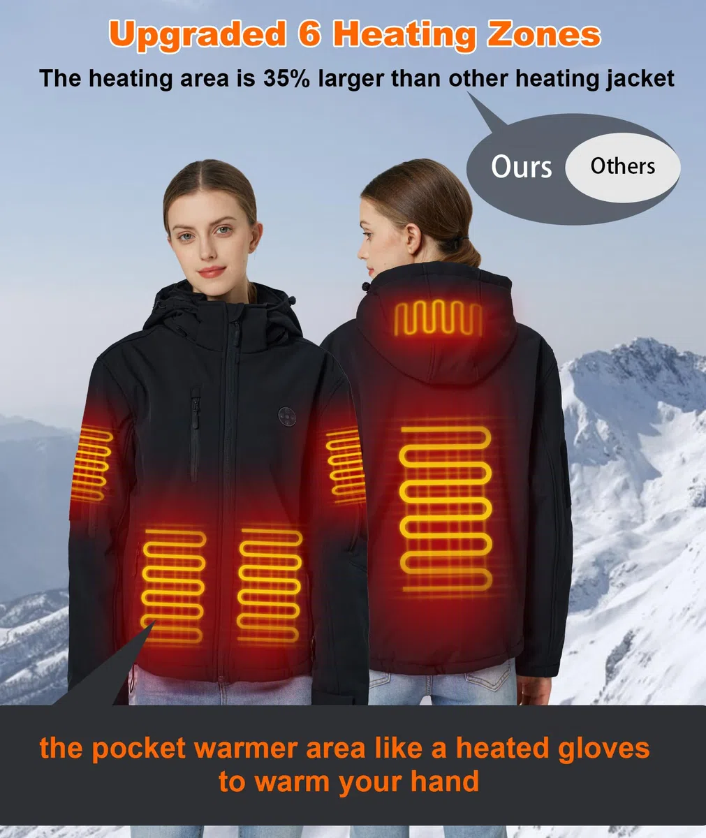 Veste Chauffante Femme avec Doublure Polaire et Brassard, Batterie 12000mAh 7.4V, 6 Zones de Chauffage & 3 Niveaux de Température, Veste D'hiver Imperméable Coupe-vent pour Ski et Chasse