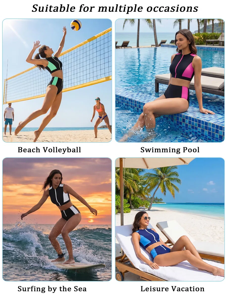FEOYA Femme Maillots de Bain 2 Pièces Rashguard avec Fermeture Éclair Combinaison de Surf