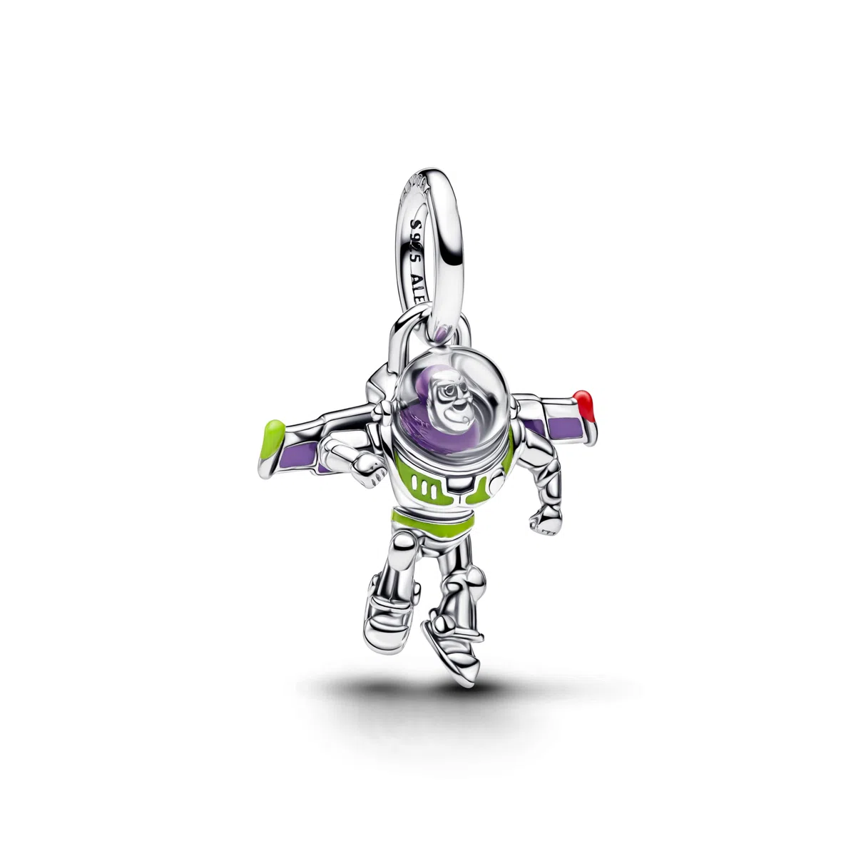 Disney Toy Story Buzz Lightyear Sterling Silver Dangle with Red, Purple, Green Enamel and Transparent UV Resin