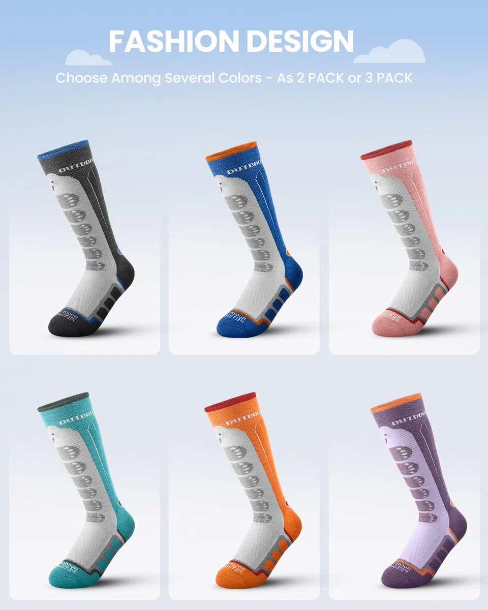 OutdoorMaster Lot de 2/3 chaussettes de ski thermiques à compression en laine mérinos pour garçons et filles, poignets antidérapants sur le mollet