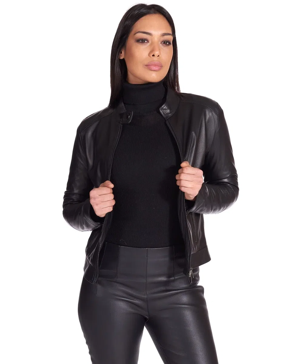 D'Arienzo Veste en Cuir Italien Agneau Femme Noir Véritable Motard Made in Italy Linda