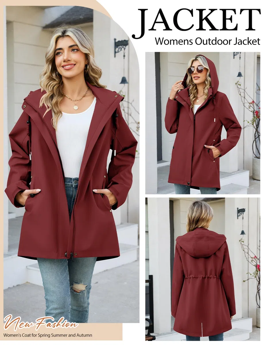 CMTOP Veste Femme mi Saison Softshell Imperméable, Coupe-Vent Parka à Capuche Amovible, Décontracté Longue Blouson Légère Manteau avec Poches pour Printemps et Automne