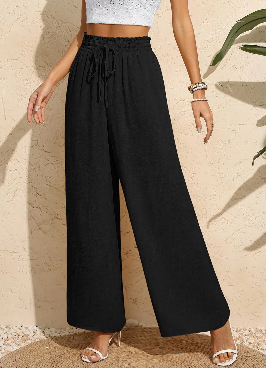 BEIGAI Pantalon Palazzo pour femme, large, coupe droite, taille haute, extensible, élégant, avec poches