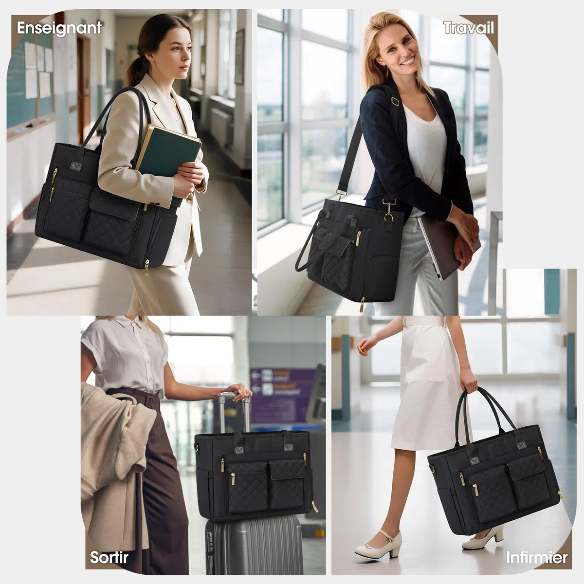 RAINSMORE Sac Enseignant Sac Ordinateur Femme 15,6 Pouces avec Compartiment Isotherme Grand Sacoche Cabas de Travail pour Infirmière Bureau Université Noir
