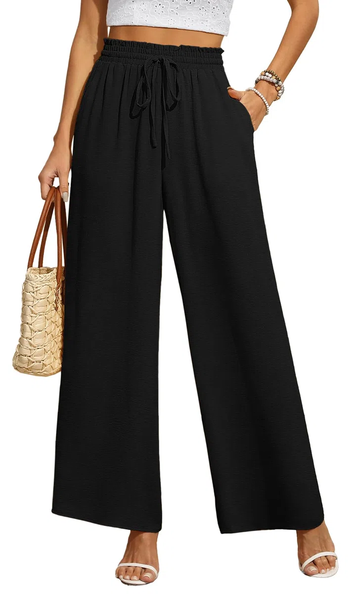 BEIGAI Pantalon Palazzo pour femme, large, coupe droite, taille haute, extensible, élégant, avec poches