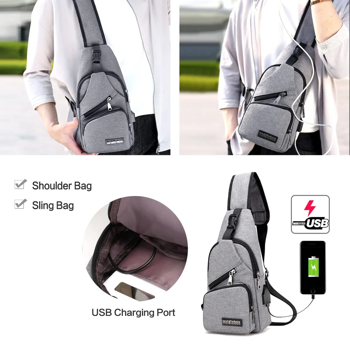 Petit sac à bandoulière pour homme avec port de charge USB, sac de poitrine léger pour randonnée, cyclisme, voyage