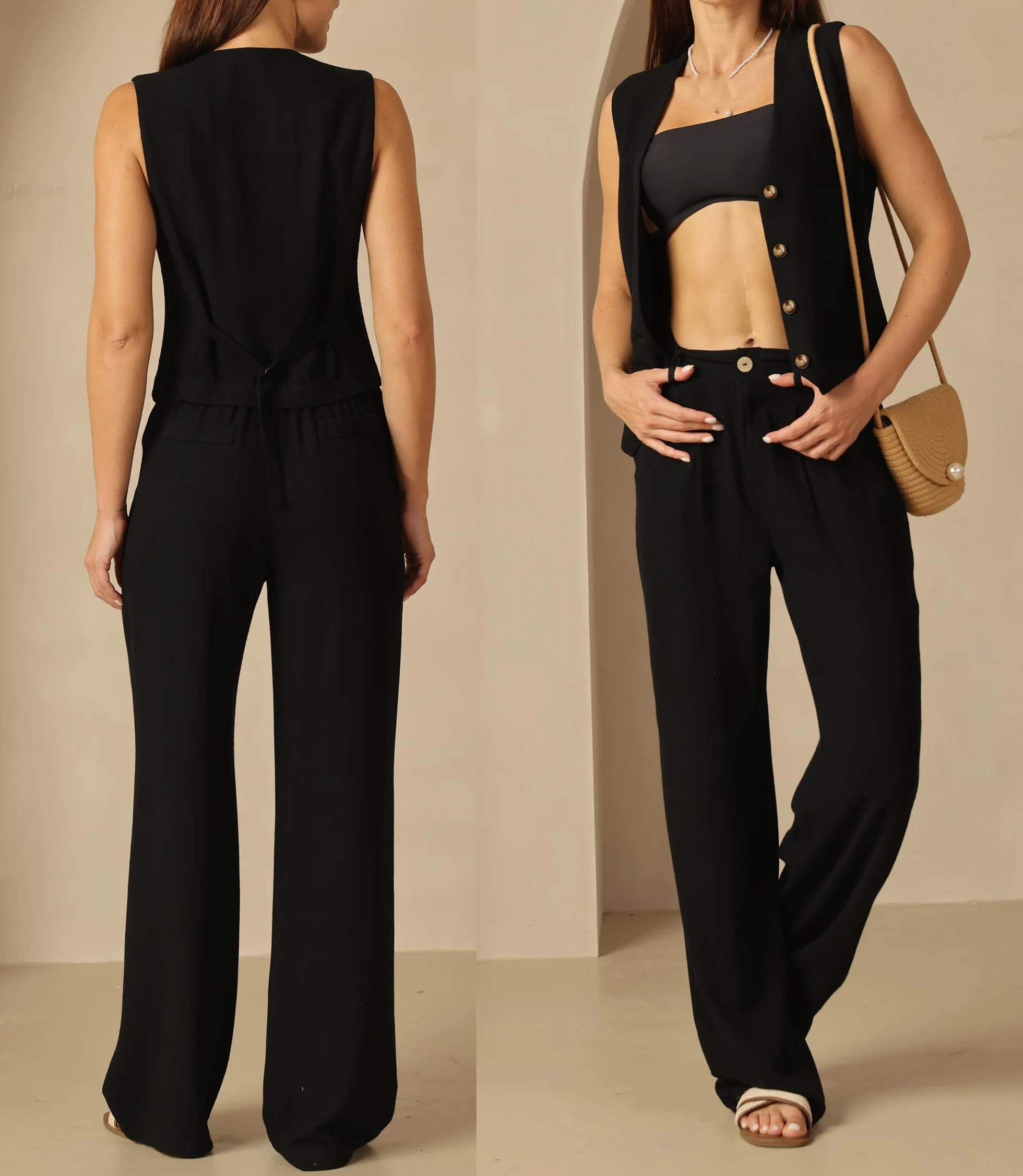 Fakanhui Ensemble 2 pièces en lin pour femme - Gilet d'été - Jambes larges - Pantalon d'affaires, loisirs, vacances, ensembles de travail