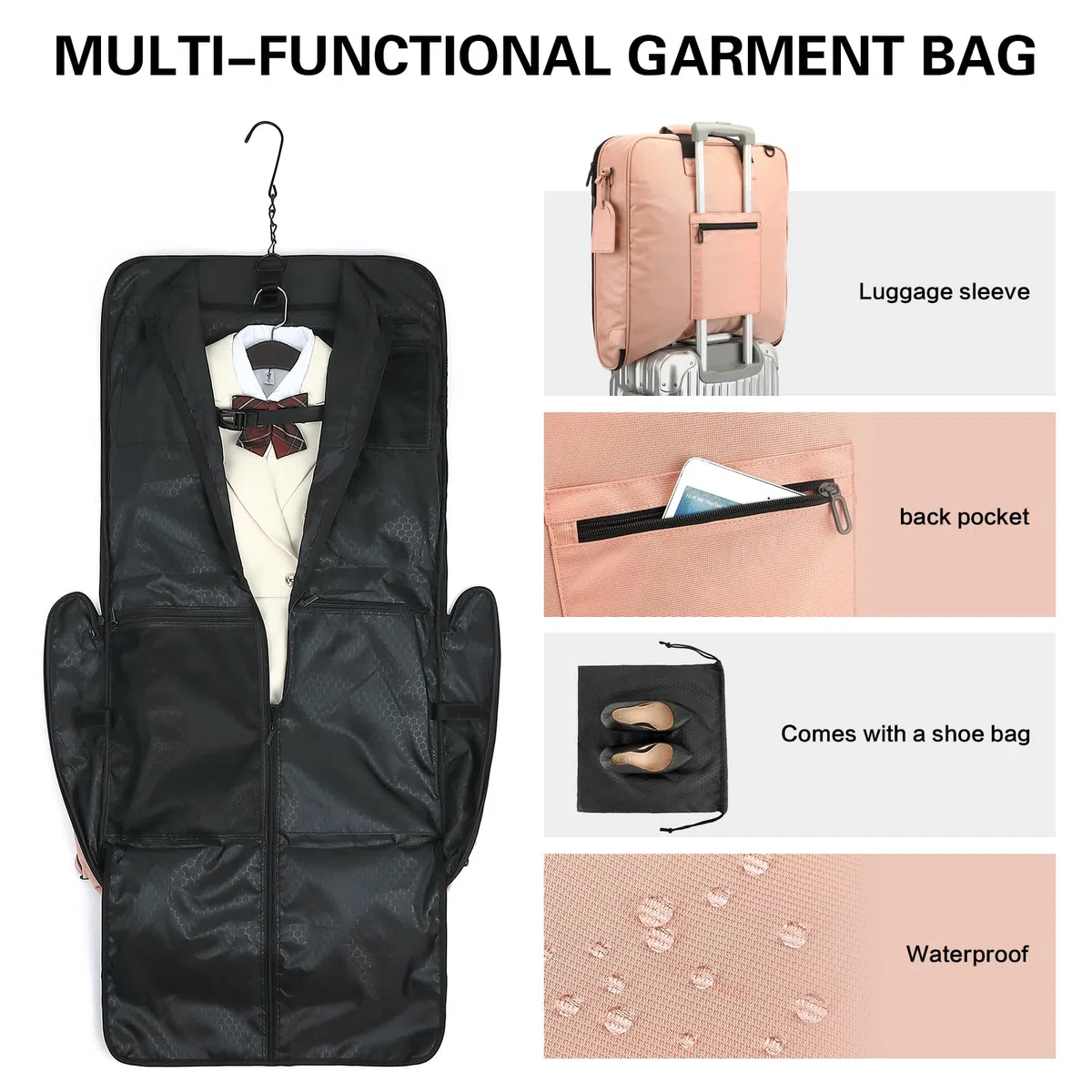 Sac à Costumes pour Femmes Housse à Vêtements de Voyage Hanging Garment Bag avec Sangles et Compartiment pour Ordinateur Portable de 15,6 Pouces, Idéal pour Les Voyages d'affaires, Rose