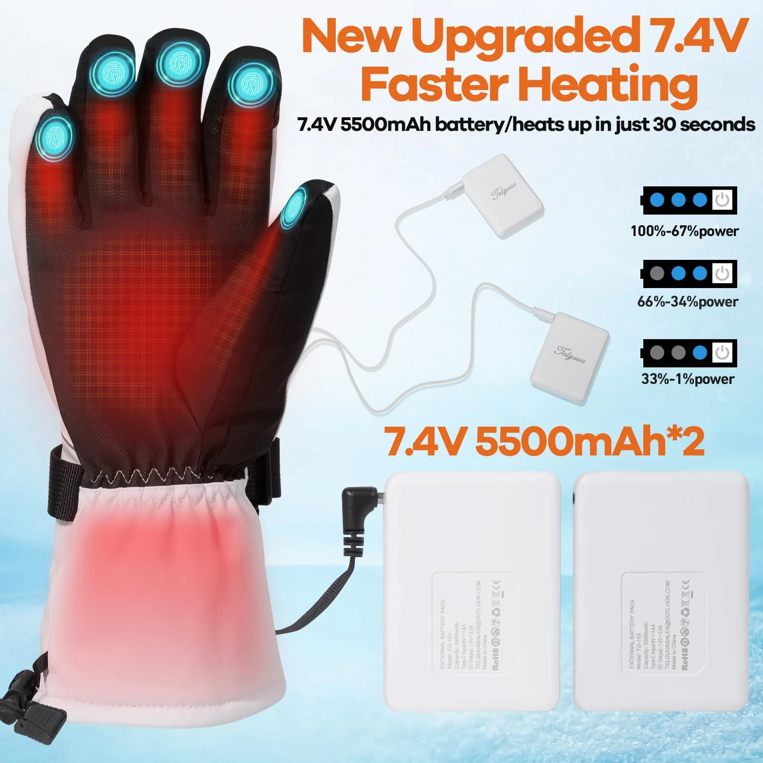 Telguua Gants Chauffants pour Femme et Homme,Touchables à l’écran Gant Chauffants avec Batterie Rechargeable 7.4V 5500mAh Chauffage Plus Rapide/Stable,3 Températures Réglables, pour Moto,Cyclisme,Ski