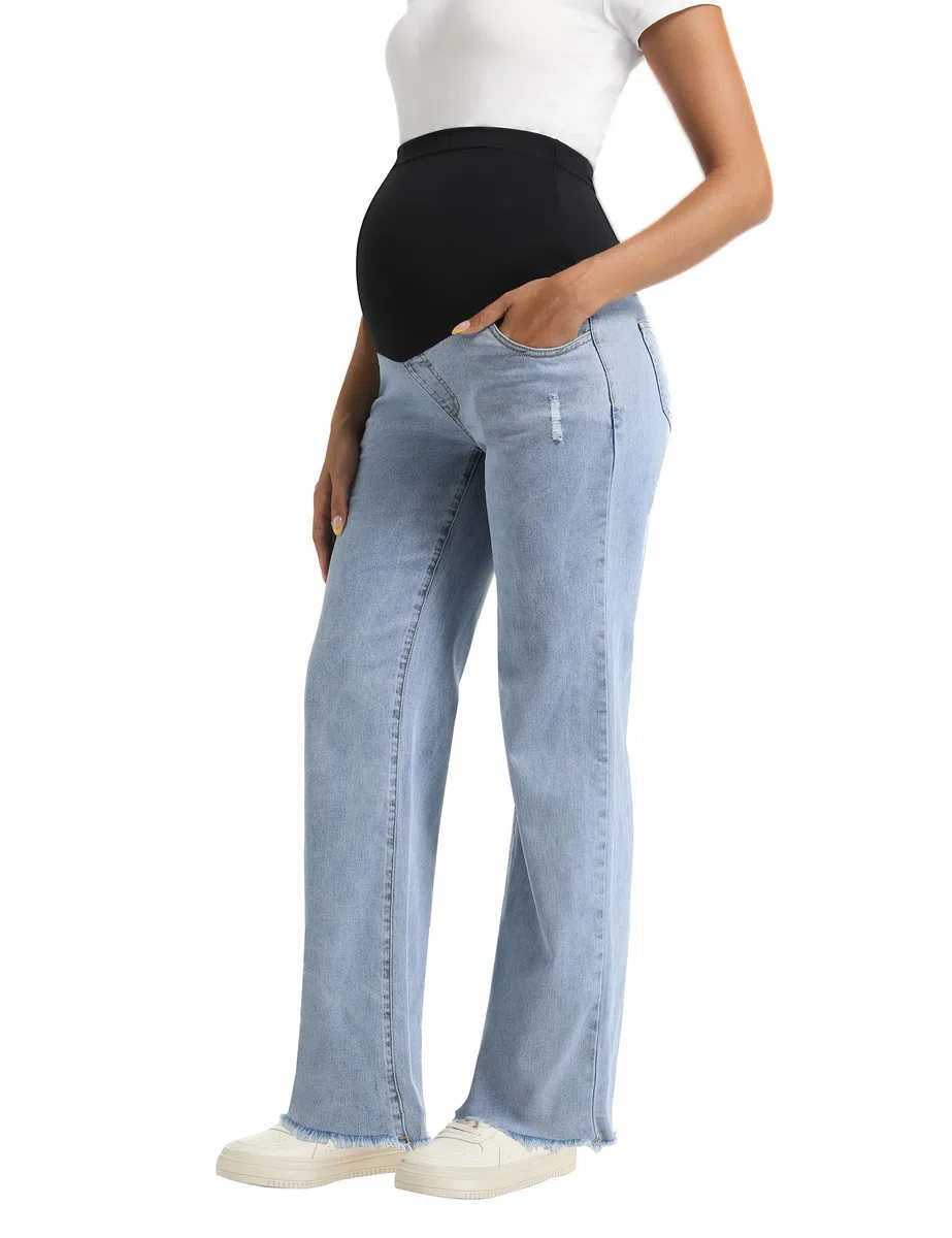 Jean Grossesse Femme Taille Haute Jambes Larges Pantalon Grossesse Ourlet Brut avec Poches
