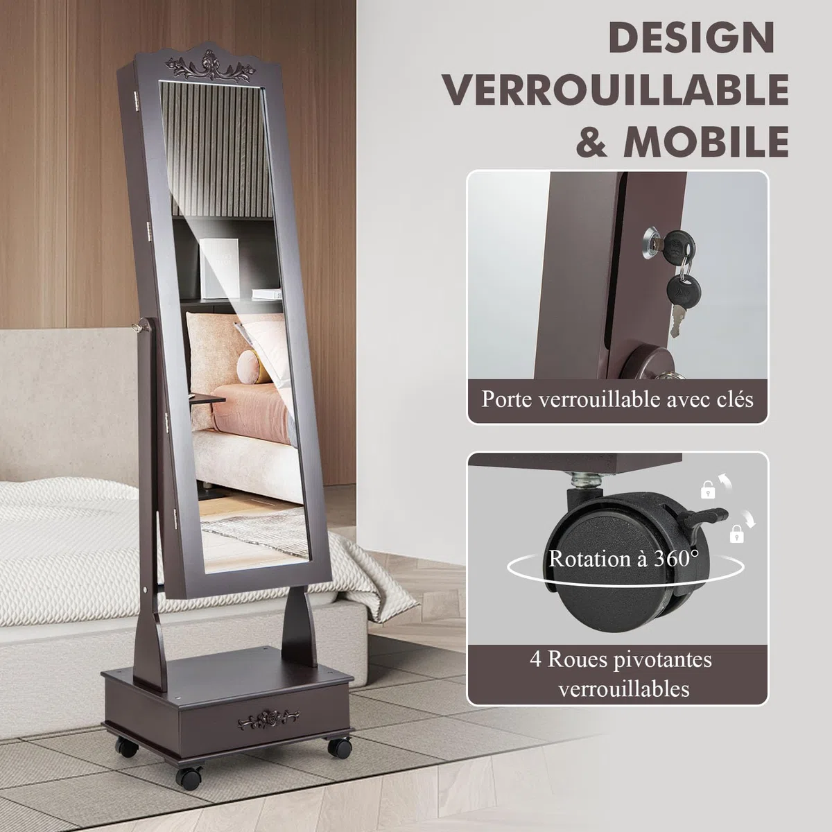 GOPLUS Armoire à Bijoux à Roulettes, Armoire a Bijoux avec Miroir sur Pied avec Lumières LED, 3 Angles Réglables, Organisateur de Bijoux Verrouillable avec Grand Espace de Rangement (Marron)