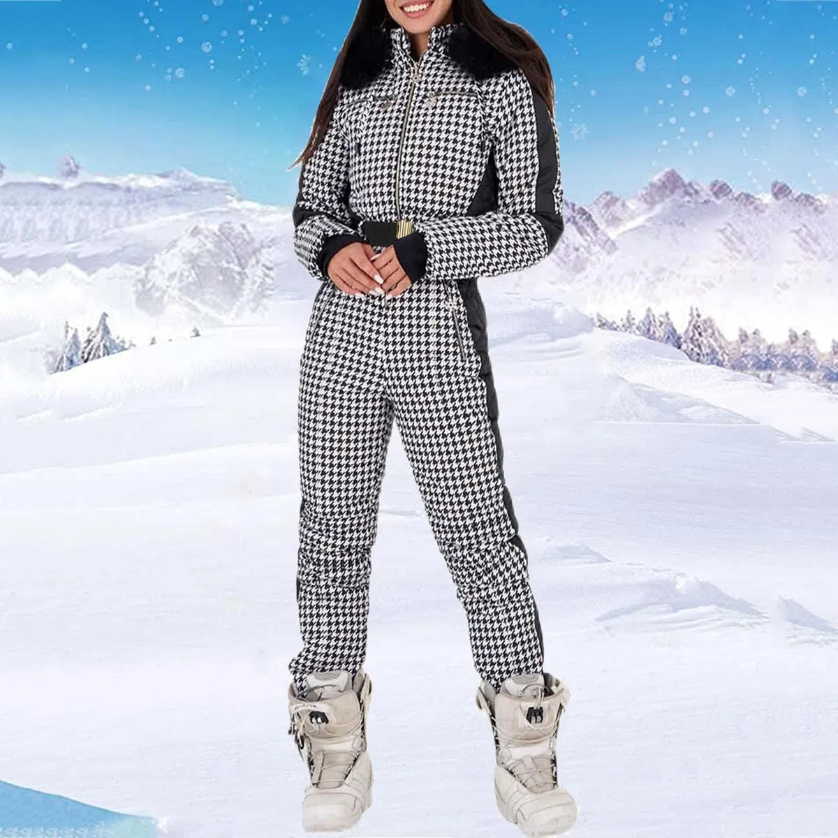 IQYU Combinaison de neige pour femme - Combinaison de ski / snowboard avec capuche en fourrure et gants intégrés, imperméable - Combinaison de ski 2022 Nouveauté Mode en une pièce - Vêtement de ski