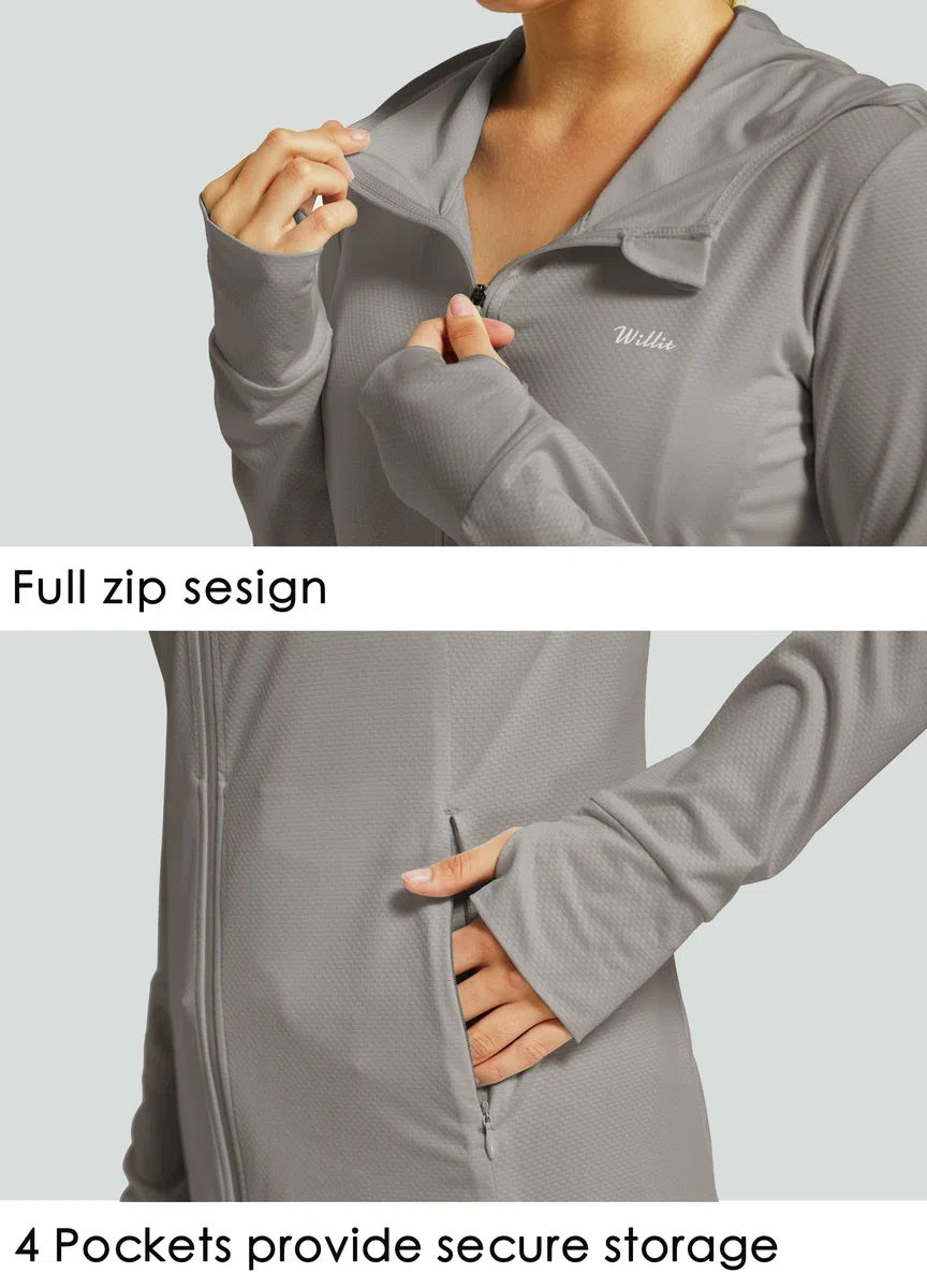 WILLIT Veste de course pour femme - Manches longues - Protection solaire - Sweat à capuche UV - UPF 50 - Veste légère - Yoga - Fitness - Sport - Randonnée - Avec poches