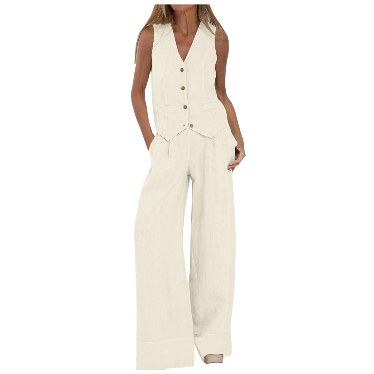 Ensemble Femme Chic Et Elegant - avec Col en V sans Manches Gilet Pantalon 2 Pièces d'affaires Fluide Coton Lin Bureau Vêtement Tailleur Couleur Unie Costume Ete Soirée Décontractée Tenue