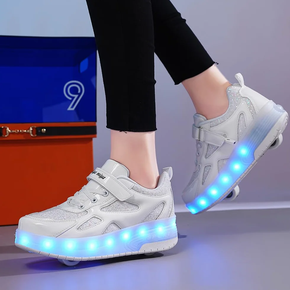 LED Chaussures à roulettes de Skateboard USB Rechargeable 7 Couleurs Clignotantes Chaussure avec Rouleau Multisports Outdoor Gymnastique Sneaker Automatiques Rétractables Enfant Baskets Mode
