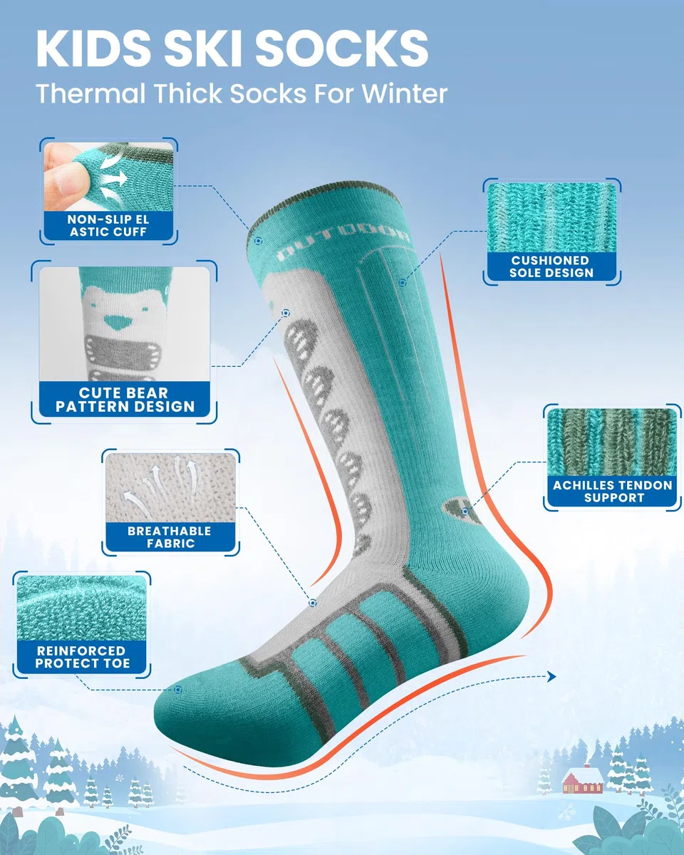 OutdoorMaster Lot de 2/3 chaussettes de ski thermiques à compression en laine mérinos pour garçons et filles, poignets antidérapants sur le mollet