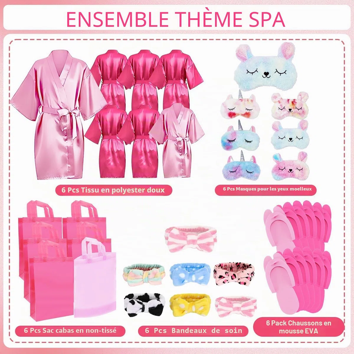 MSYU Lot de 30 fournitures de fête spa pour filles, 6 peignoirs en satin, 6 pantoufles pour enfants, soirée pyjama, fête d'anniversaire, spa – Étiquette de taille 8, rose rouge, rose